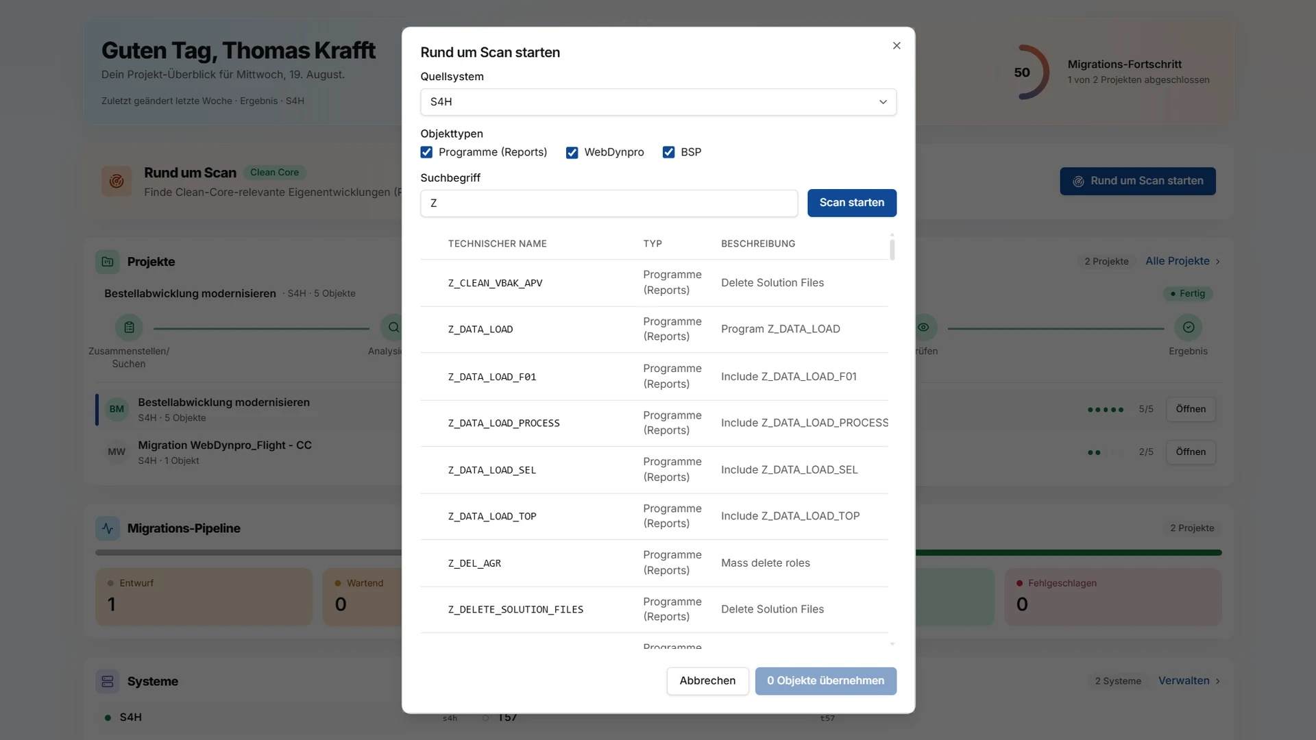 Scan-Dialog des Smart Application Shifter: Reports, WebDynpro- und BSP-Anwendungen im Quellsystem finden und in ein Migrationsprojekt übernehmen