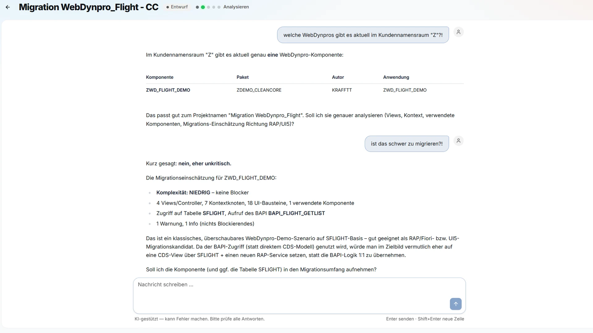 Chat-basierte Analyse einer WebDynpro-Komponente mit Komplexitätseinschätzung, erkannten Abhängigkeiten und Migrationsempfehlung